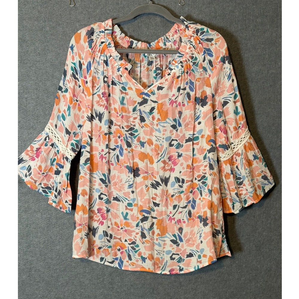 Spense Floral Blouse Small Peach Blue Bell Sleeve Crochet Boho Peasant Top Boho